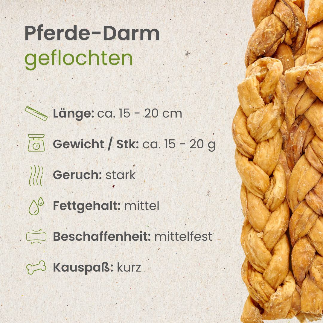 Geflochtene Pferde-Darm-Kauartikel mit Produktinformationen.