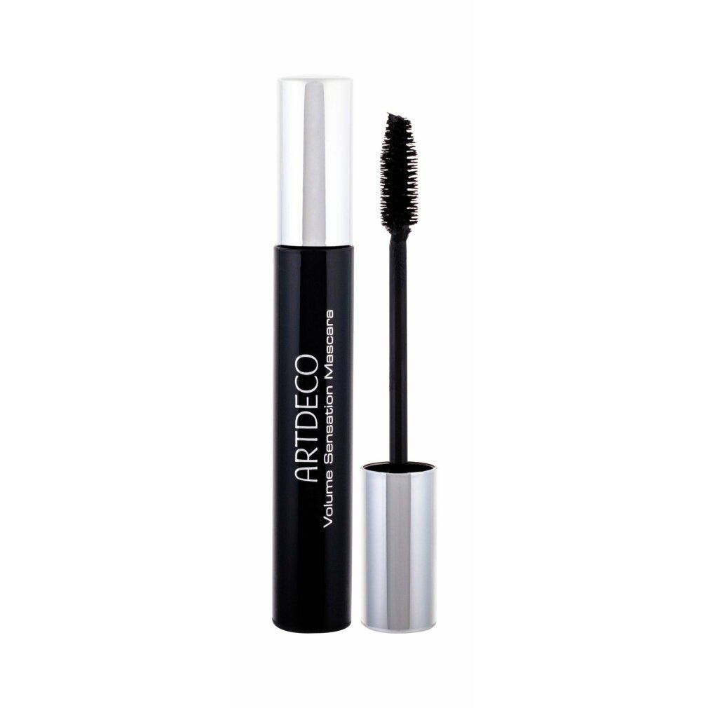 Schwarze Artdeco Volume Sensation Mascara-Tube mit silberner Kappe und Bürste. Bürste ist herausgezogen.