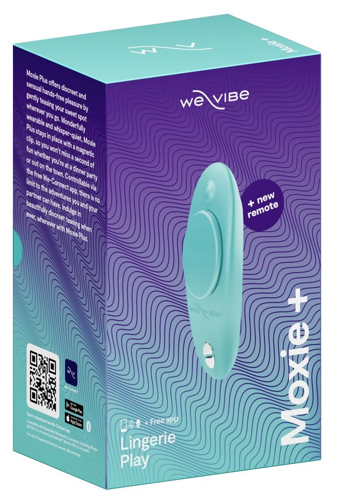 Türkisfarbener Vibrator und Verpackung. Aufschrift "We-Vibe", "Moxie+" und "+ new remote". Box mit Wellenmuster und Produktbeschreibung.