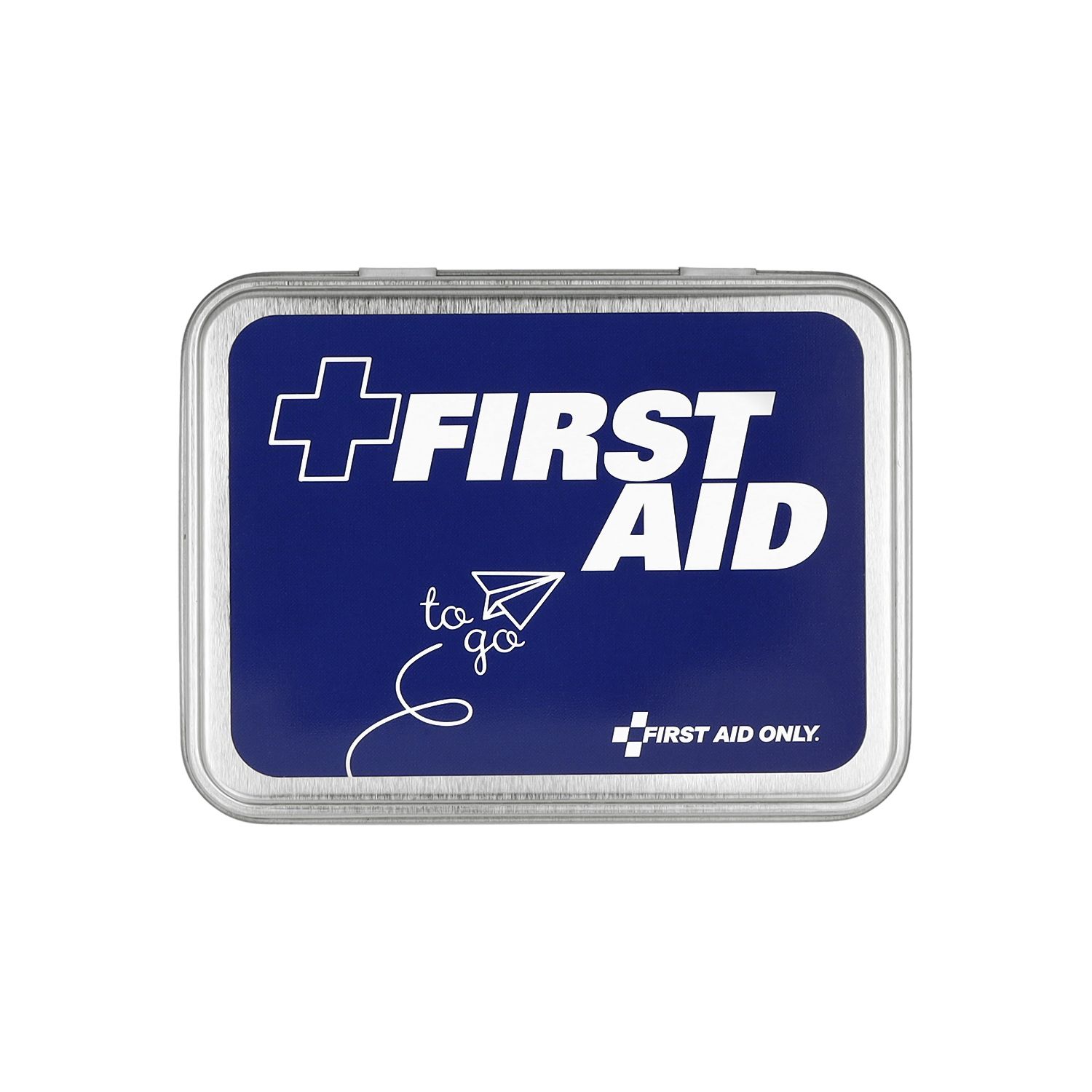 Metallbox mit blauem Deckel. Aufschrift: FIRST AID, weißes Kreuz, Papierflieger. Logo: FIRST AID ONLY.