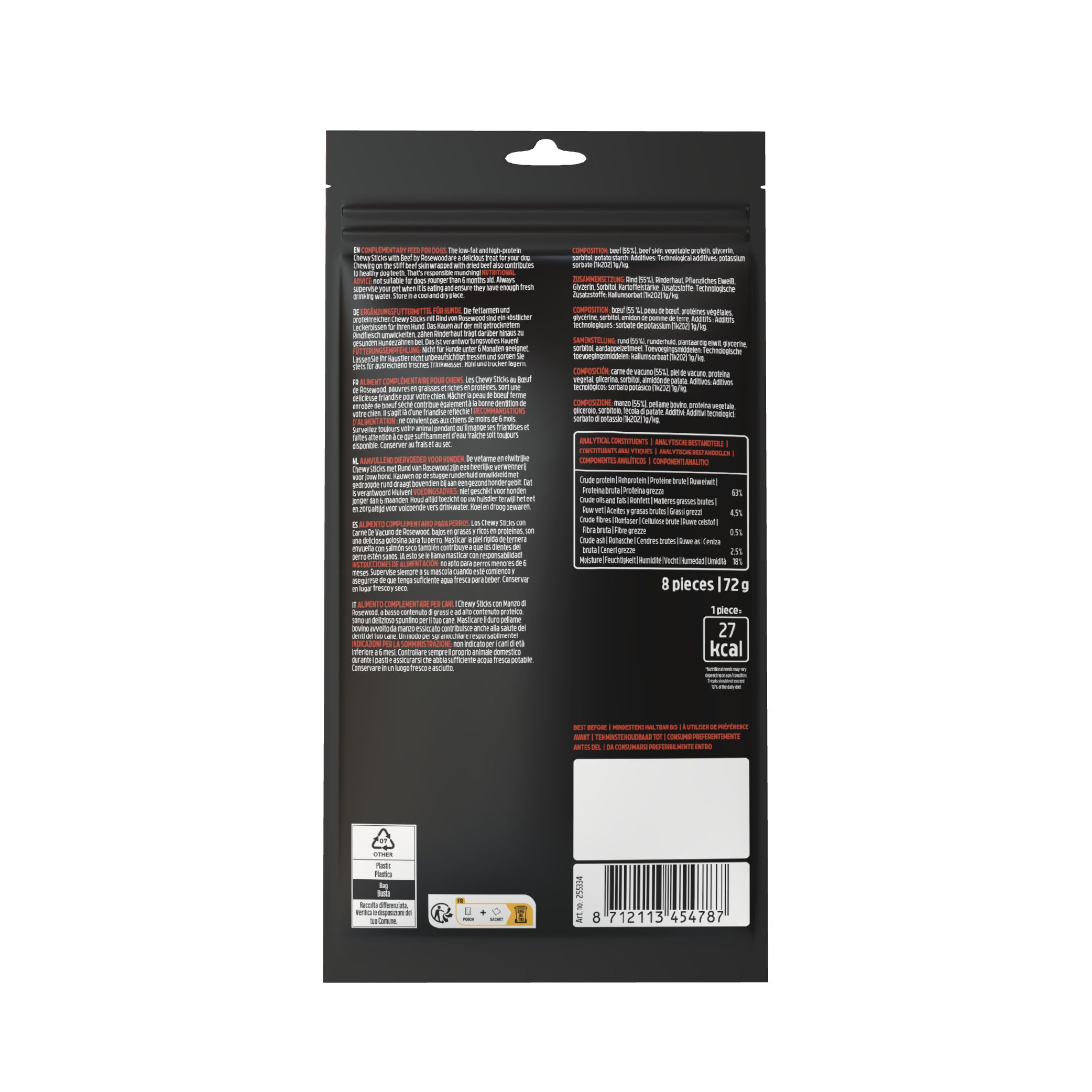 Rückseite eines schwarzen Beutels. Text in mehreren Sprachen. Enthält Informationen zu Inhaltsstoffen und Nährwerten.