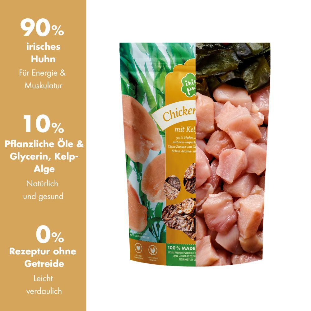 Vorteile von Irish Pure: 90% Huhn, getreidefrei, mit Kelp-Alge.