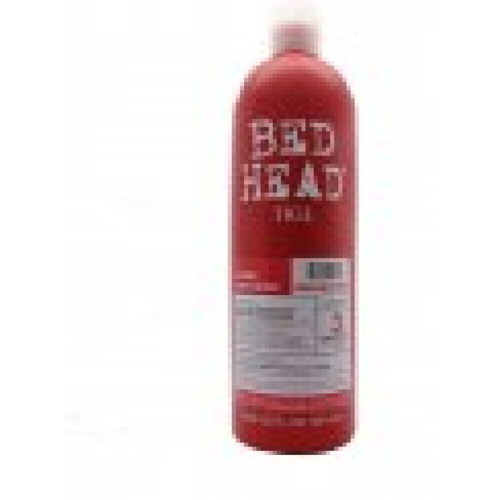 Rote Flasche mit weißem Deckel. Bed Head TIGI-Logo. Etikett mit Produktinformationen. 750 ml.