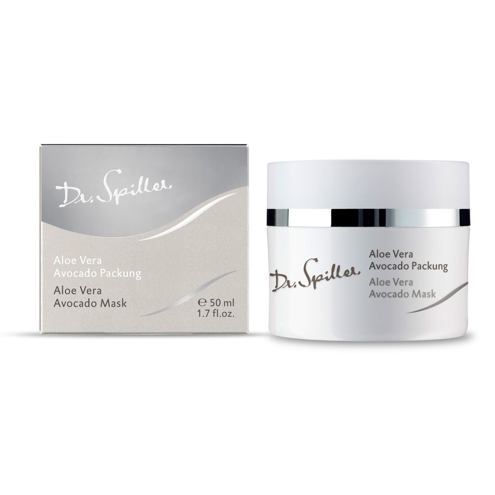Weiße Creme-Dose und Schachtel. Aufschrift: Dr. Spiller, Aloe Vera Avocado Packung, Aloe Vera Avocado Mask. Silberner Deckel.