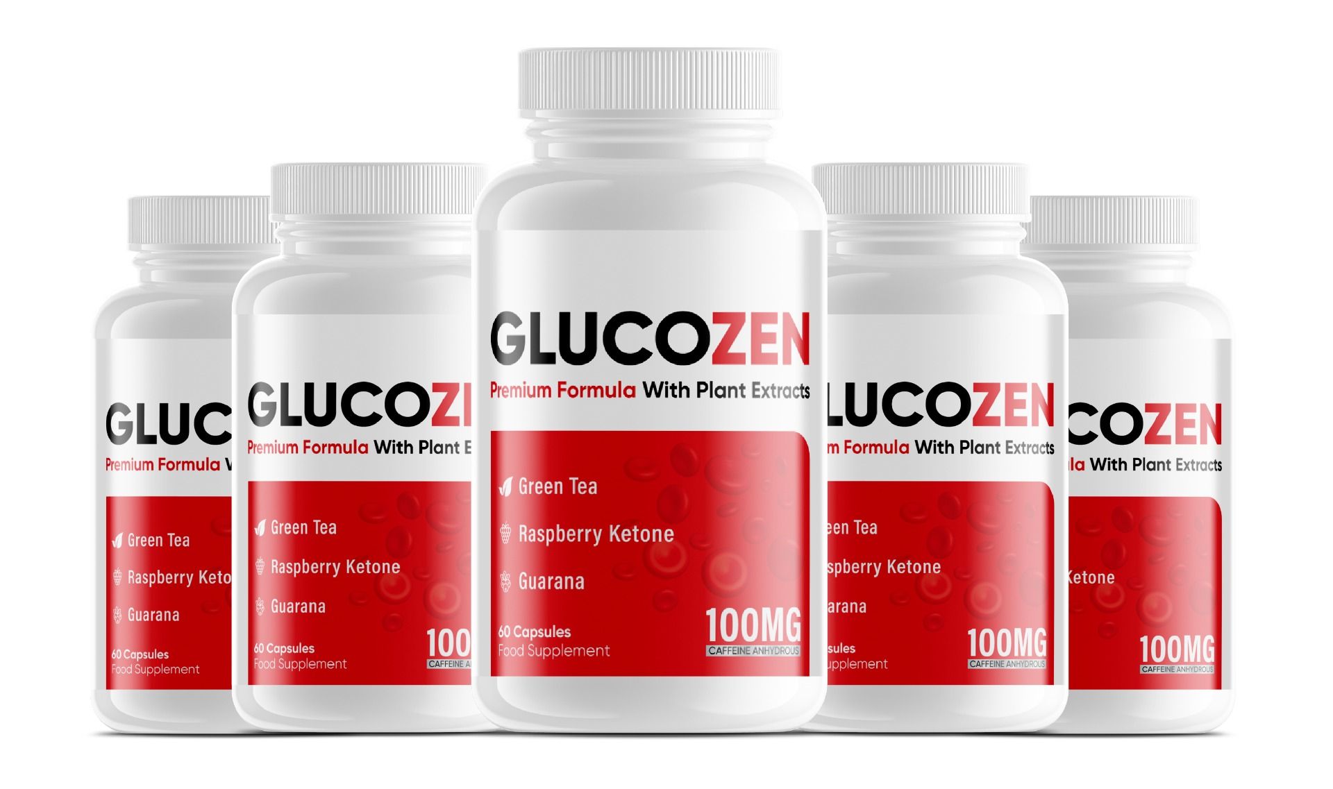 Fünf weiße Flaschen mit rotem Etikett. Aufschrift GLUCOZEN, 100MG, und Inhaltsstoffe. Kapseln.