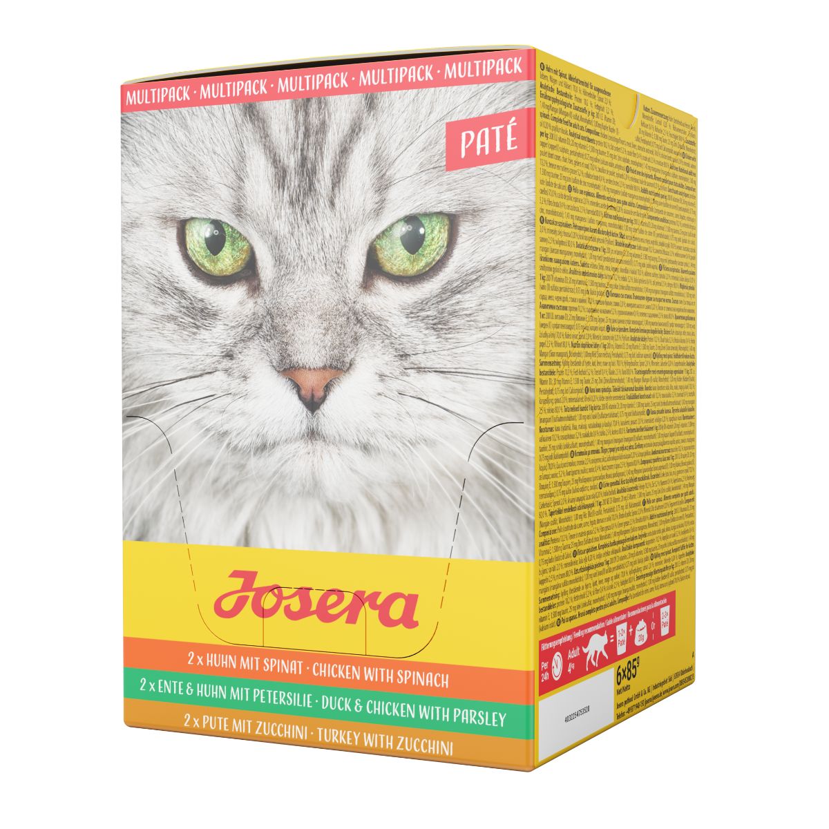 Karton mit Katzenfutter. Aufdruck: Katze, Text "Multipack", Marke Josera. Enthält 6 Beutel. Gelb-weiße Verpackung.
