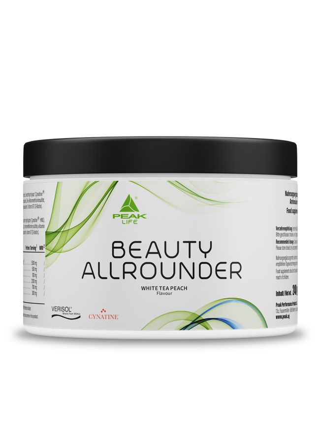 Weißes Produktglas mit schwarzem Deckel. Aufschrift: BEAUTY ALLROUNDER, White Tea Peach. Logo: Peak Life.