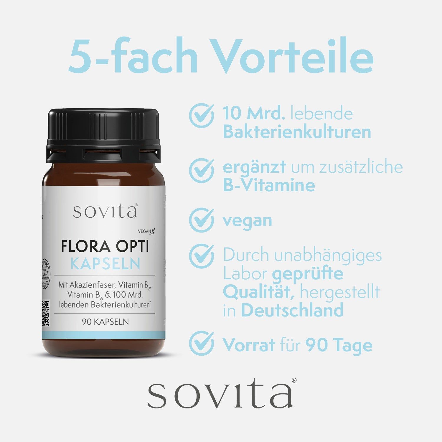 Braune Flasche mit Kapseln. Text: 5-fach Vorteile, 10 Mrd. Bakterienkulturen, vegan, Labor geprüft, 90 Kapseln. Marke: sovita.