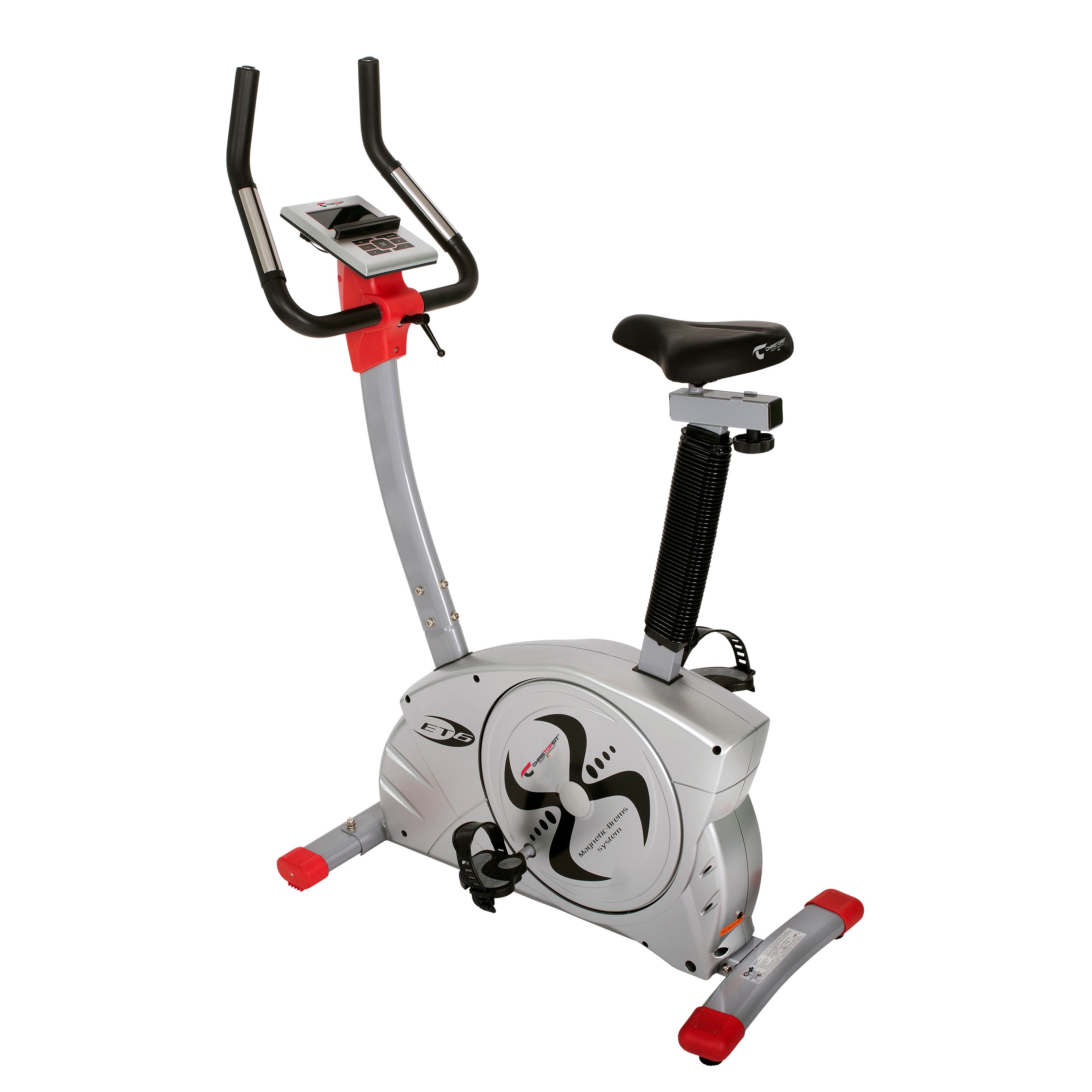 Ergometer ET 6. Silberfarbenes Fitnessgerät mit roter Akzentfarbe. Lenker, Sattel und Pedale sichtbar. Digitalanzeige.