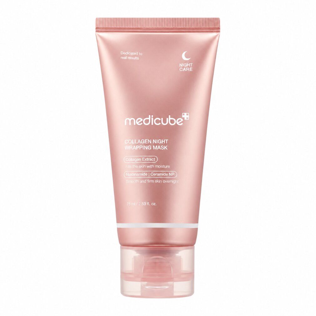 Eine roségoldene Tube "Collagen Night Wrapping Mask" von Medicube, die auf der Vorderseite Inhaltsstoffe wie Ceramide auflistet.