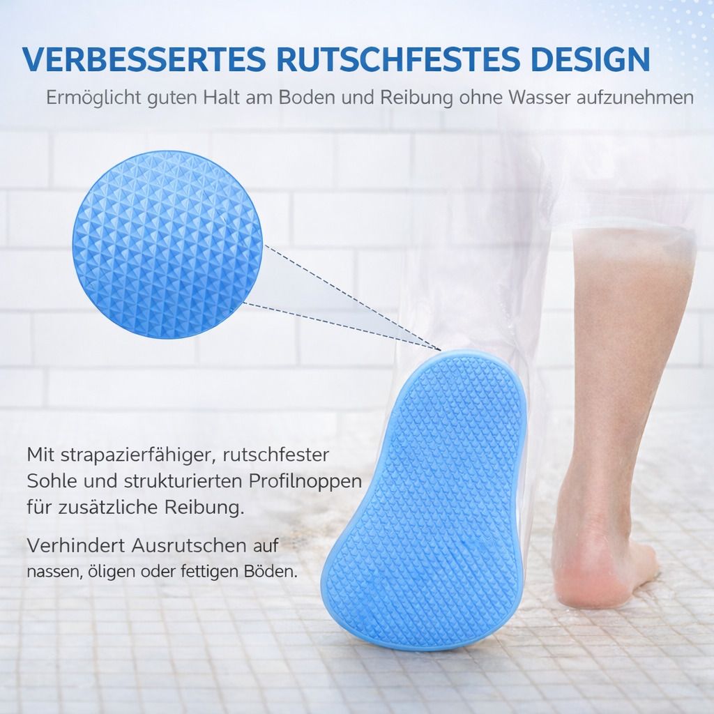 Blaue, strukturierte Sohle der Duschschutzhülle. Rutschfest. Verhindert Ausrutschen auf nassen, öligen oder fettigen Böden. Profilnoppen.