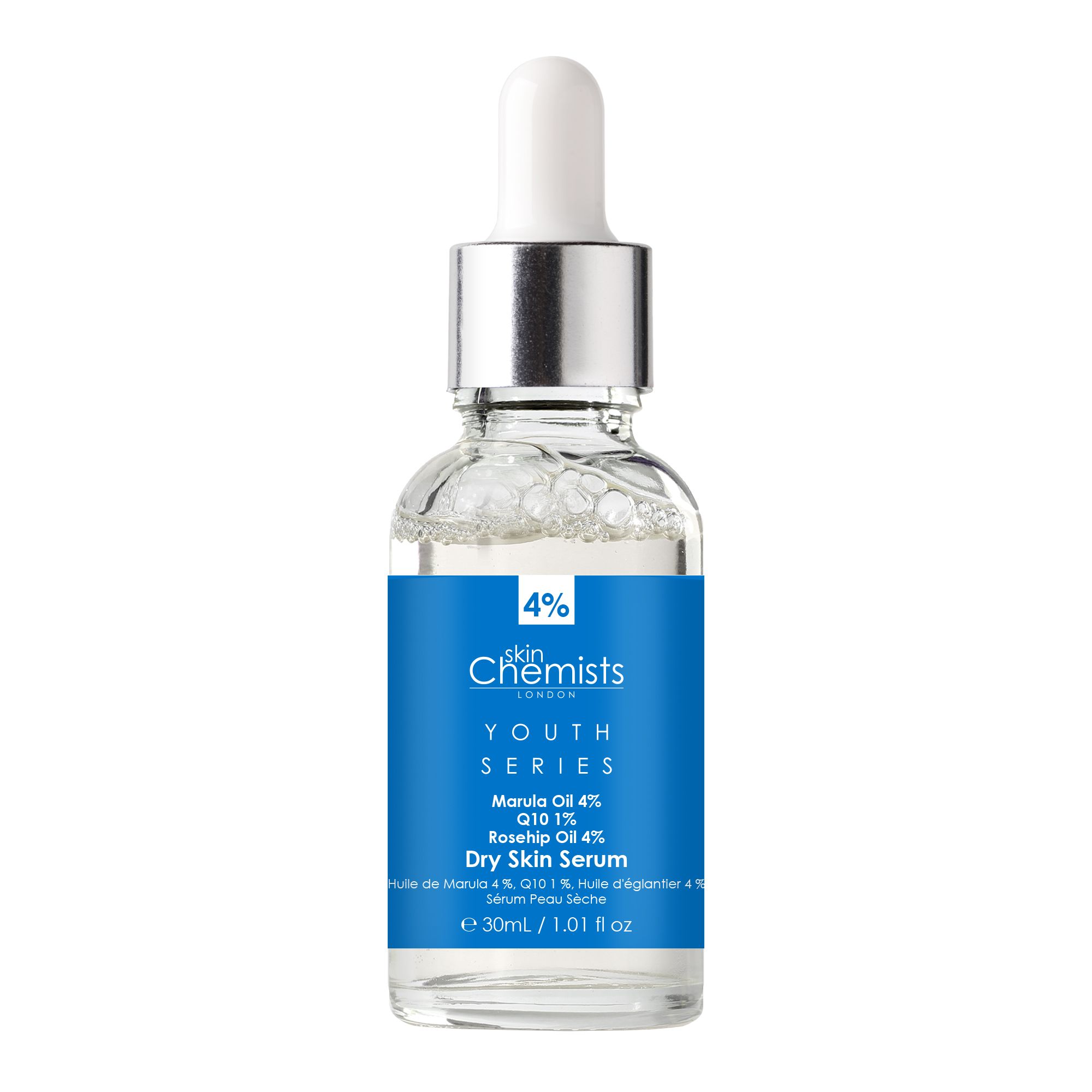 Serumflasche mit Pipette. Klares Glas, blaues Etikett. Aufschrift: Youth Series, Marula Oil 4%, Dry Skin Serum.