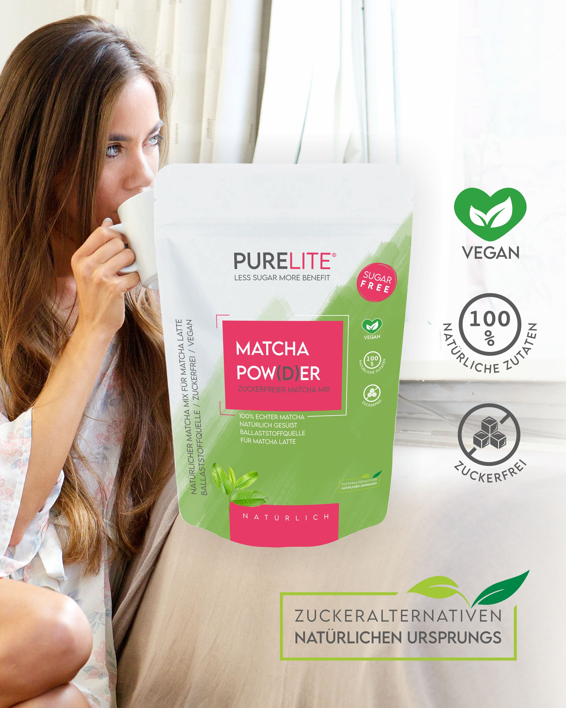 PURELITE Matcha Pulver 230 g - zuckerfrei & vegan, mit Erythrit & Stevia