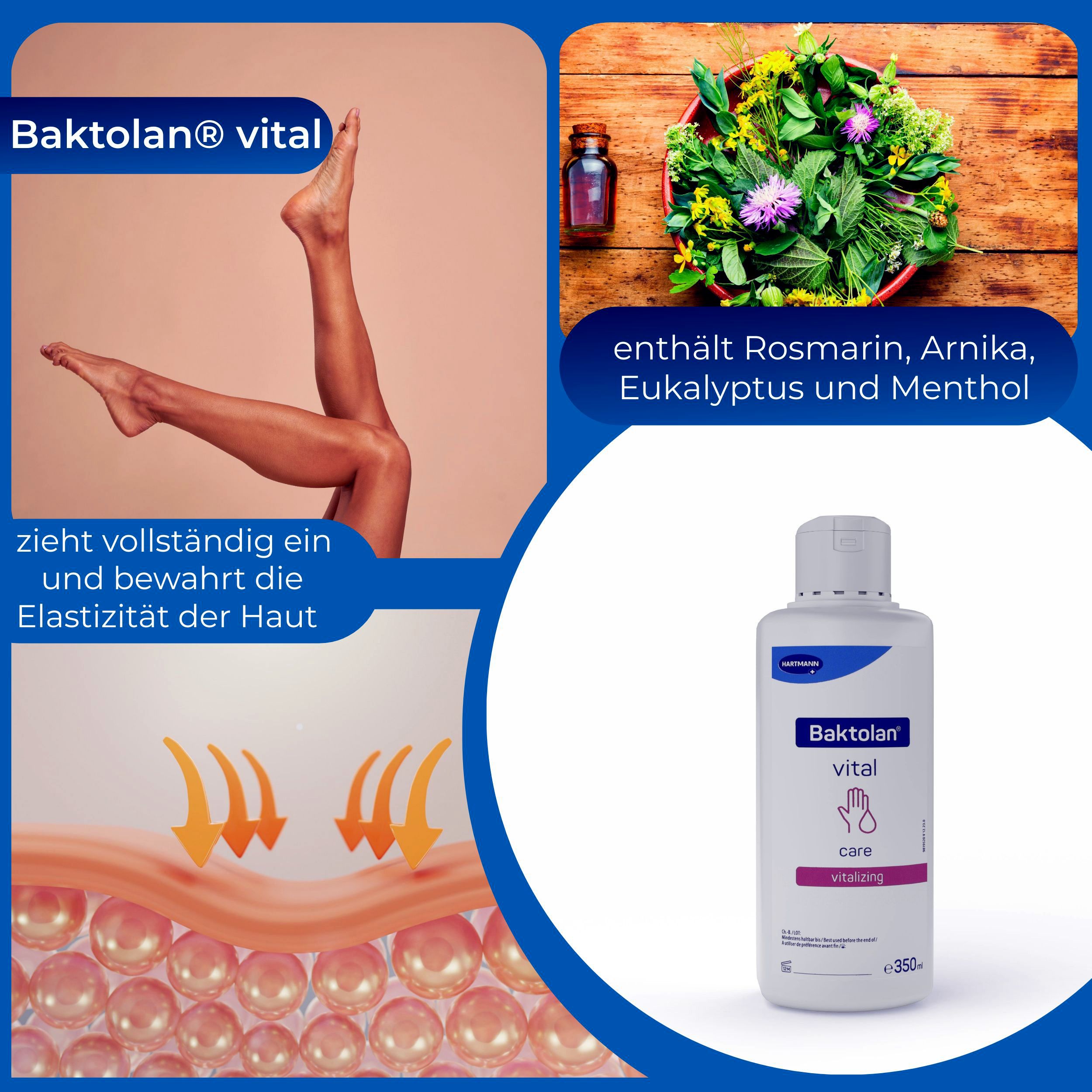 Produktflasche "Baktolan vital care" mit Bein-Abbildung. Enthält Rosmarin, Arnika, Eukalyptus und Menthol. Hautmodell.