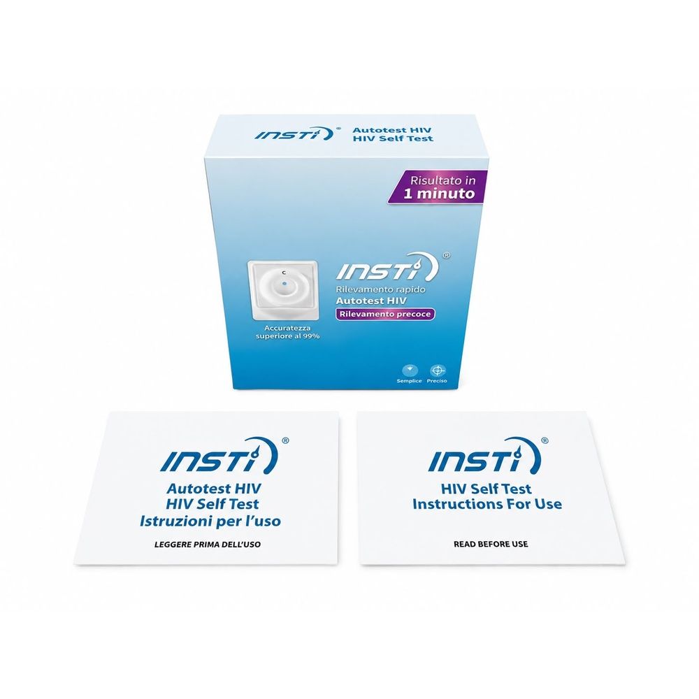 INSTI Autotest HIV-Verpackung mit Anleitungen auf Italienisch und Englisch.