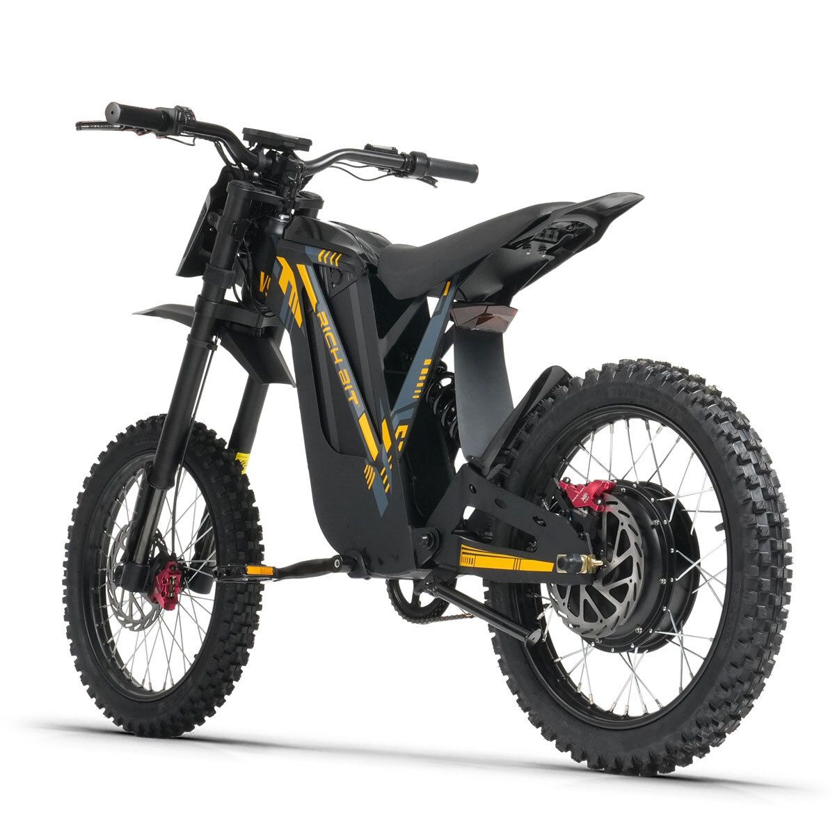Schwarzes E-Dirtbike mit gelben Akzenten. Vollfederung, Offroad-Reifen, Scheibenbremsen. RICH BIT V9 Ultra.