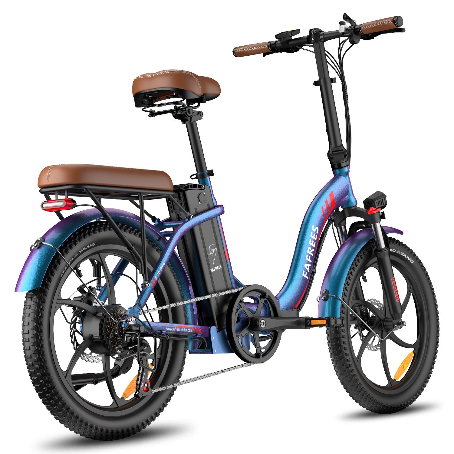 Blaues FAFREES F20 Pro Elektrofahrrad. Brauner Sattel, schwarze Reifen. Rückansicht mit Gepäckträger.