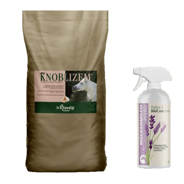 Sack mit Knoblizem-Pferdefutter und Sprühflasche Mückenmilch für Pferde. Beide Produkte sind nebeneinander platziert.