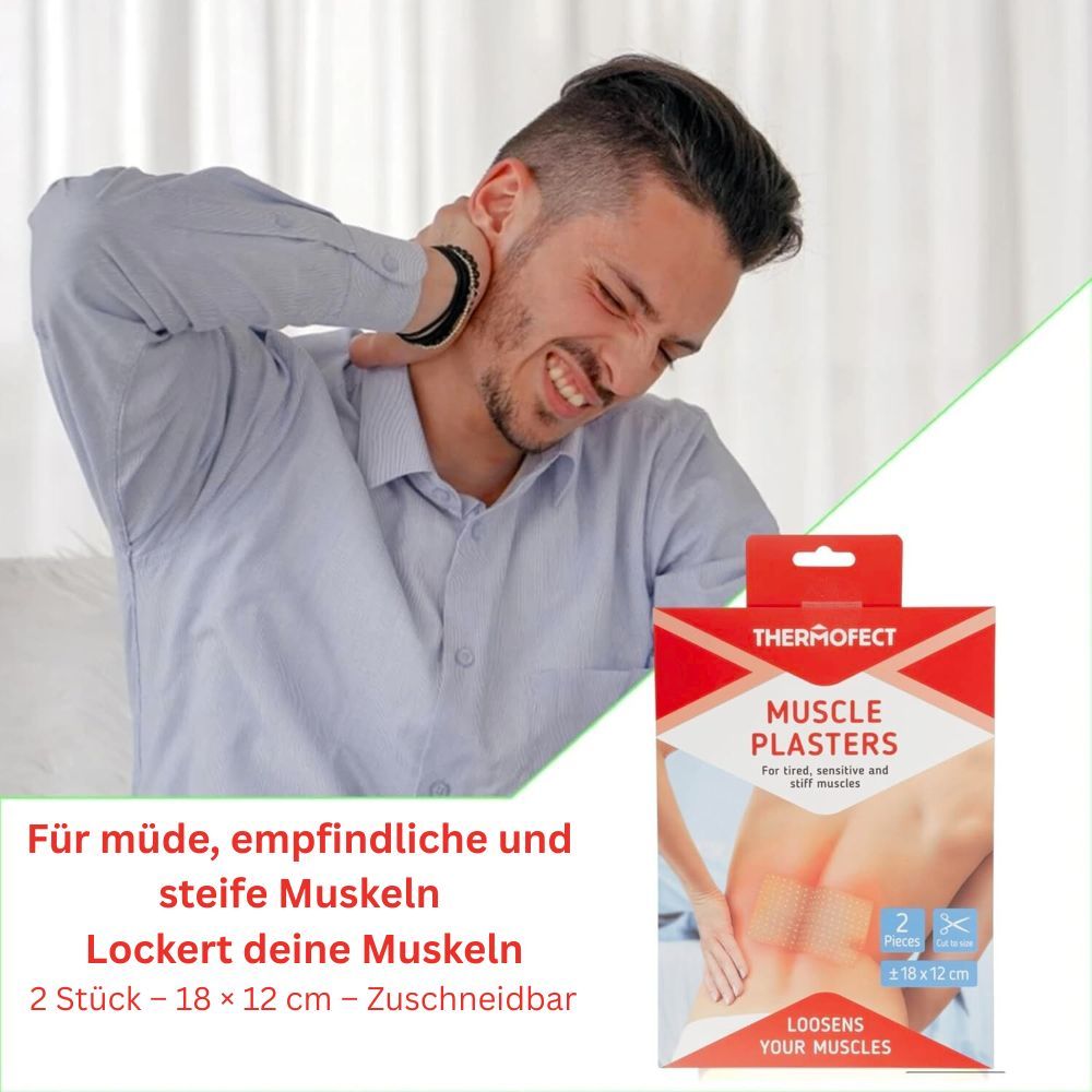 Mann hält sich den Nacken. Packung mit Produktname Thermofect. Enthält 2 Pflaster, 18 x 12 cm. Text: Muscle Plasters, für müde Muskeln.