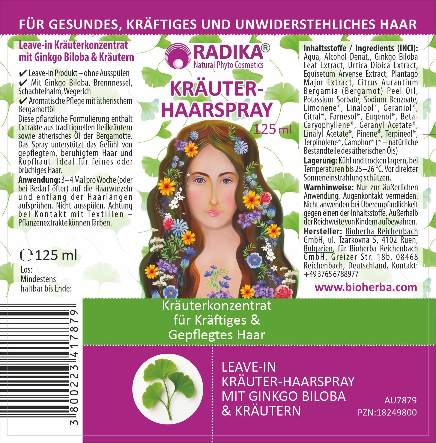 Rückseite der Produktverpackung. Enthält Text und Inhaltsstoffe. Illustration einer Frau mit Blumen im Haar. Text: Kräuter-Haarspray.