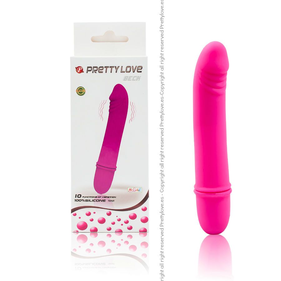 Verpackung. Weiß mit rosa Akzenten. Produktabbildung: rosa Vibrator. Text: PRETTY LOVE BECK.