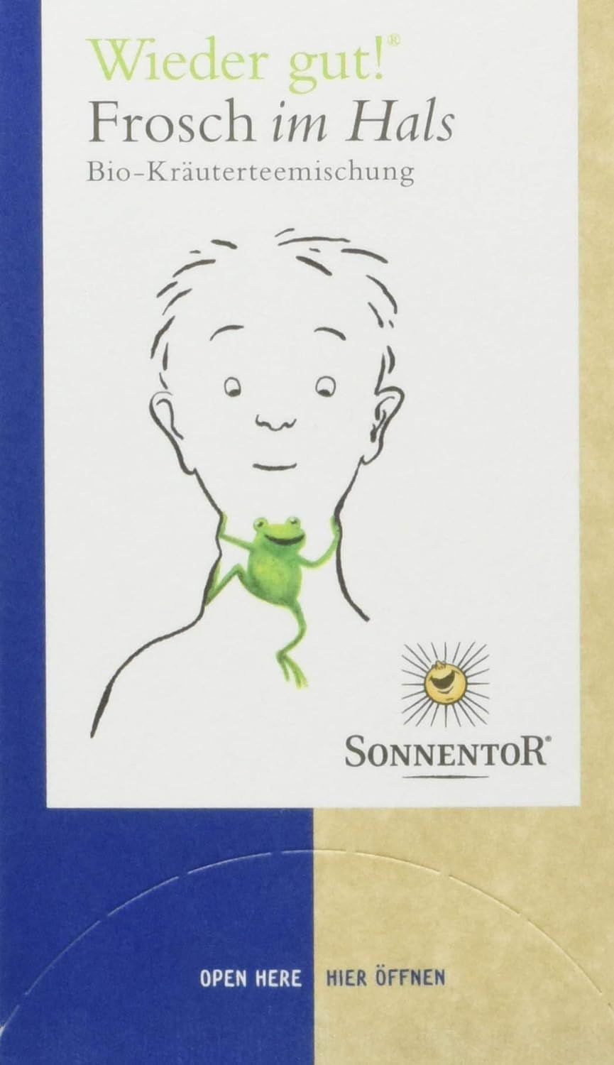 SonnentoR® Frosch im Hals® Tee-Verpackung im Fokus, dunkler Hintergrund.