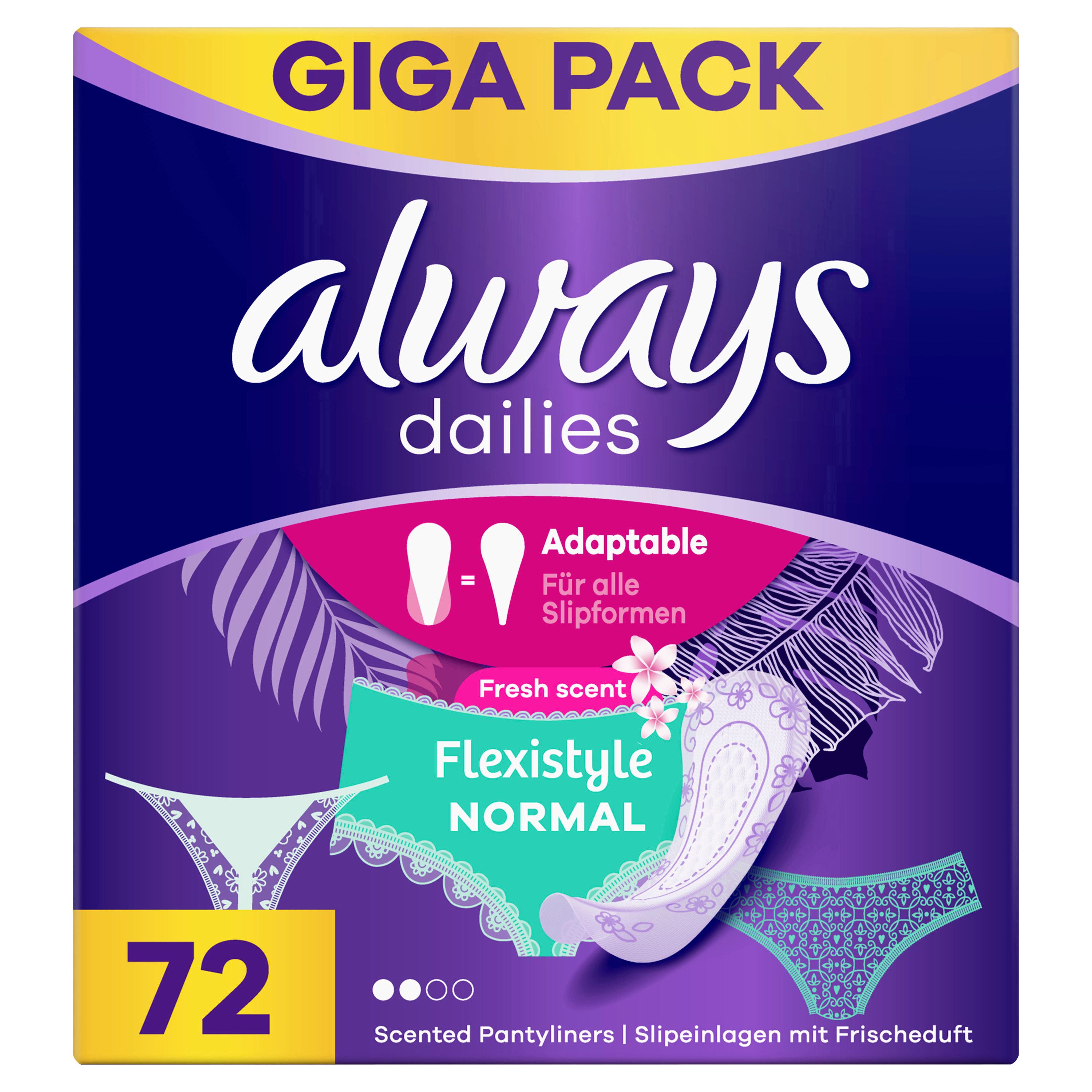 Verpackung von always Slipeinlagen. GIGA PACK, always dailies, Flexistyle Normal, 72 Stück. Mit Illustrationen von Unterwäsche.