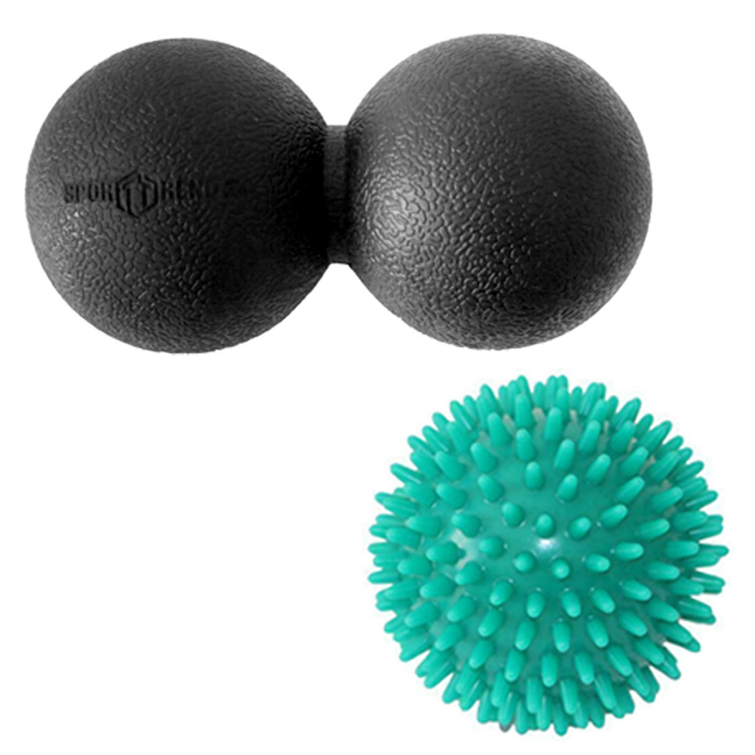 Schwarzer Duo-Faszienball und grüner Massageball mit Noppen. Beide auf weißem Hintergrund.