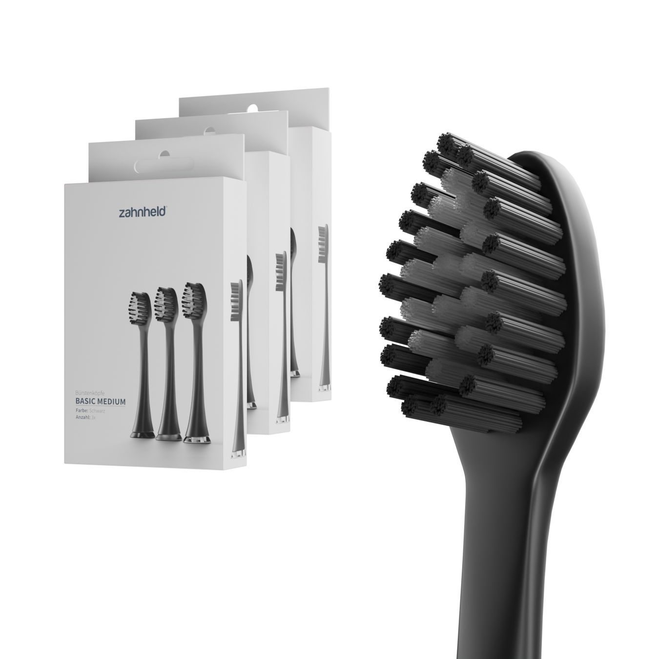 Zahnheld Bürstenkopf Basic Medium schwarz (9 Stück) Verpackung und Bürstenkopf.