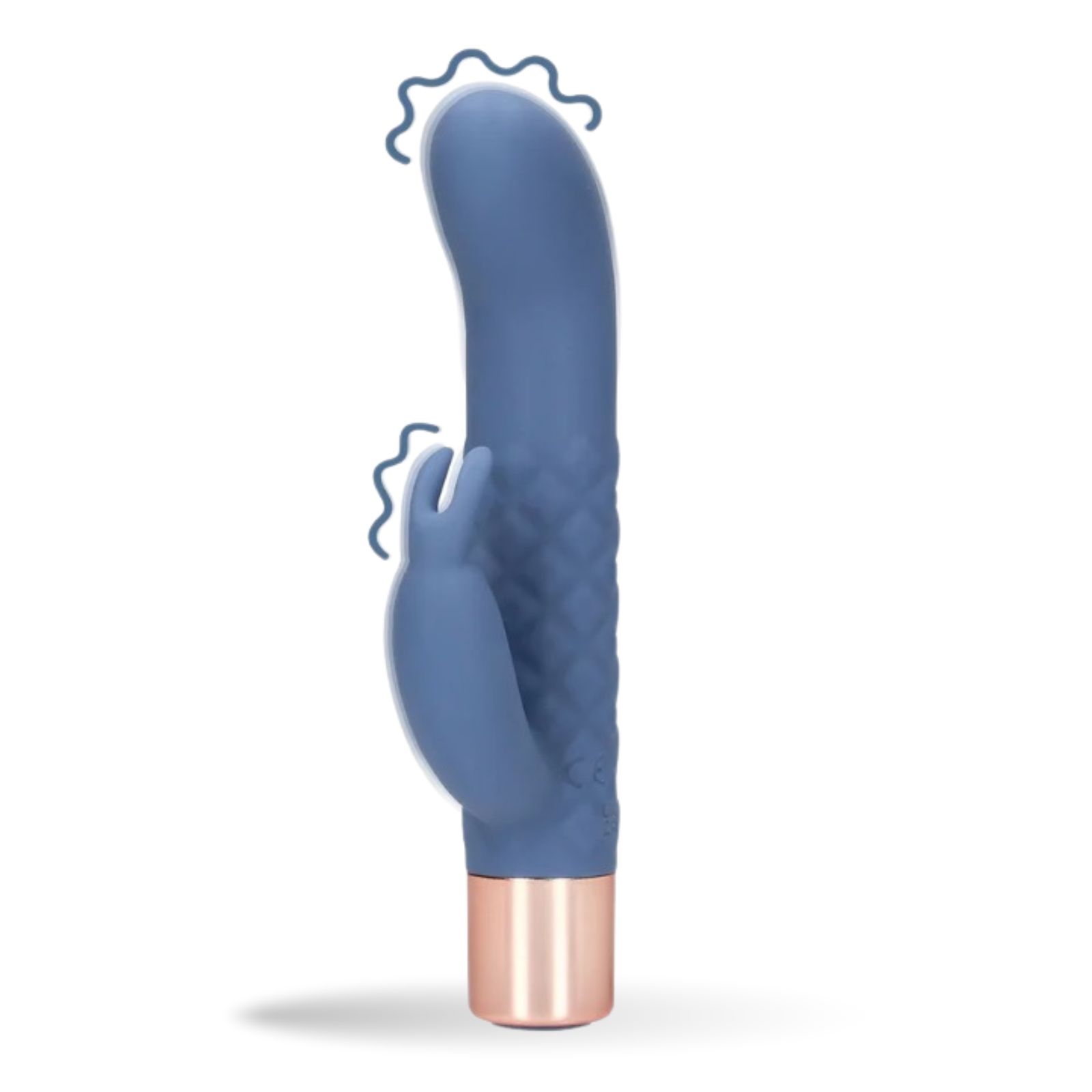 Blauer Vibrator mit rosegoldener Basis. Geformt mit einem gebogenen Schaft und einem zusätzlichen Aufsatz.