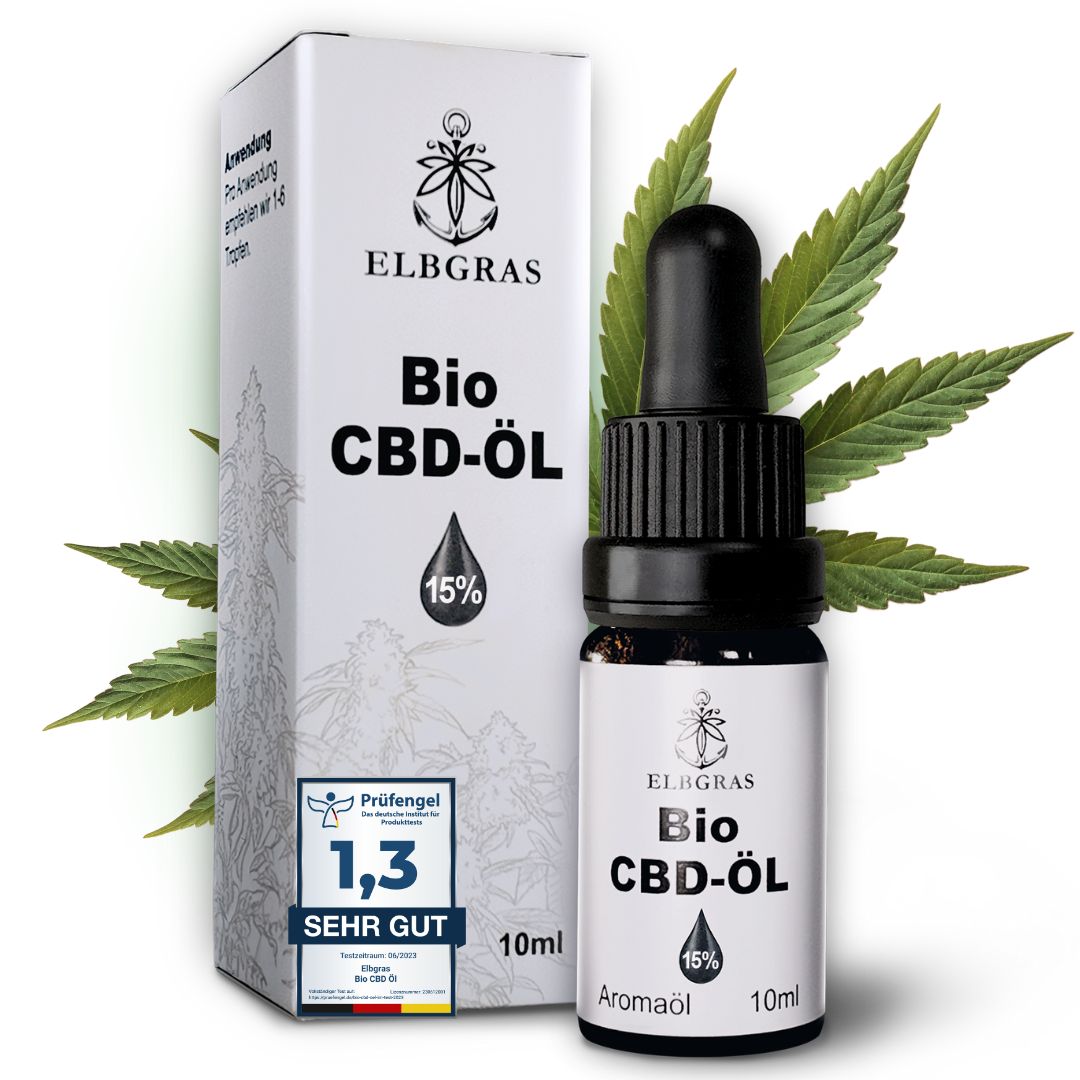 Braune Glasflasche und Karton mit Aufschrift Bio CBD-Öl 15%. Enthält 10ml. Mit Tropfer. Zertifizierungen.