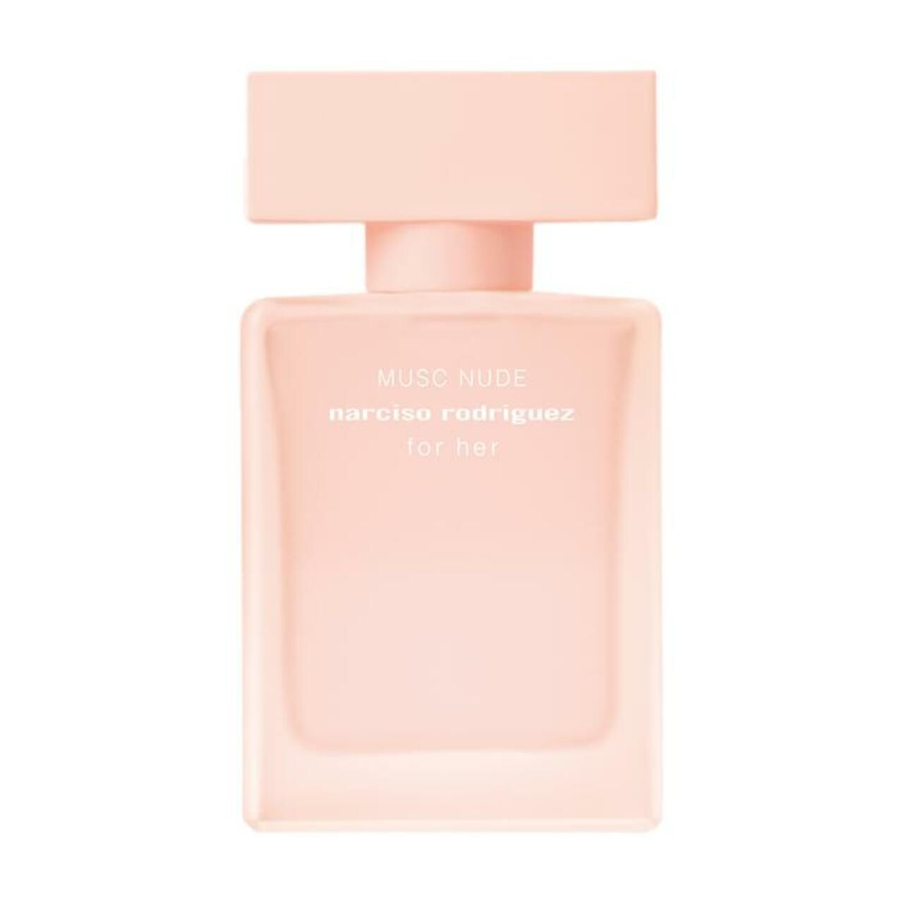 Rosafarbener Flakon. Aufschrift: Musc Nude, Narciso Rodriguez, for her.