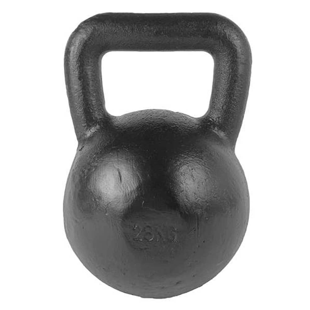 Schwarze Kettlebell. Metall, mit Griff. Gewicht: 28 kg. Auf der Kugel steht "28KG".
