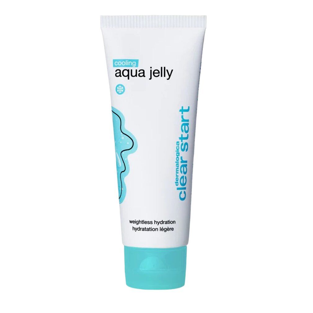Weiße Tube mit blauem Verschluss, "cooling aqua jelly" Aufschrift.