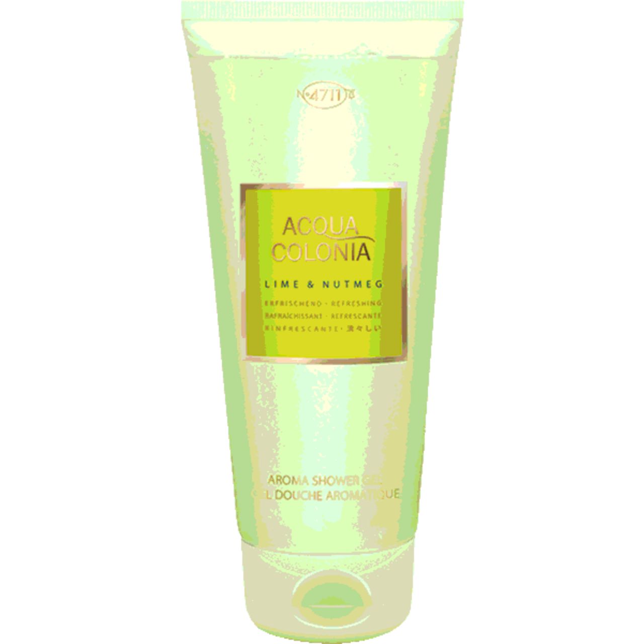 Grüne Tube. Aufschrift: Acqua Colonia Lime & Nutmeg Aroma Shower Gel. Goldfarbenes Etikett. Hellgrüner Hintergrund.