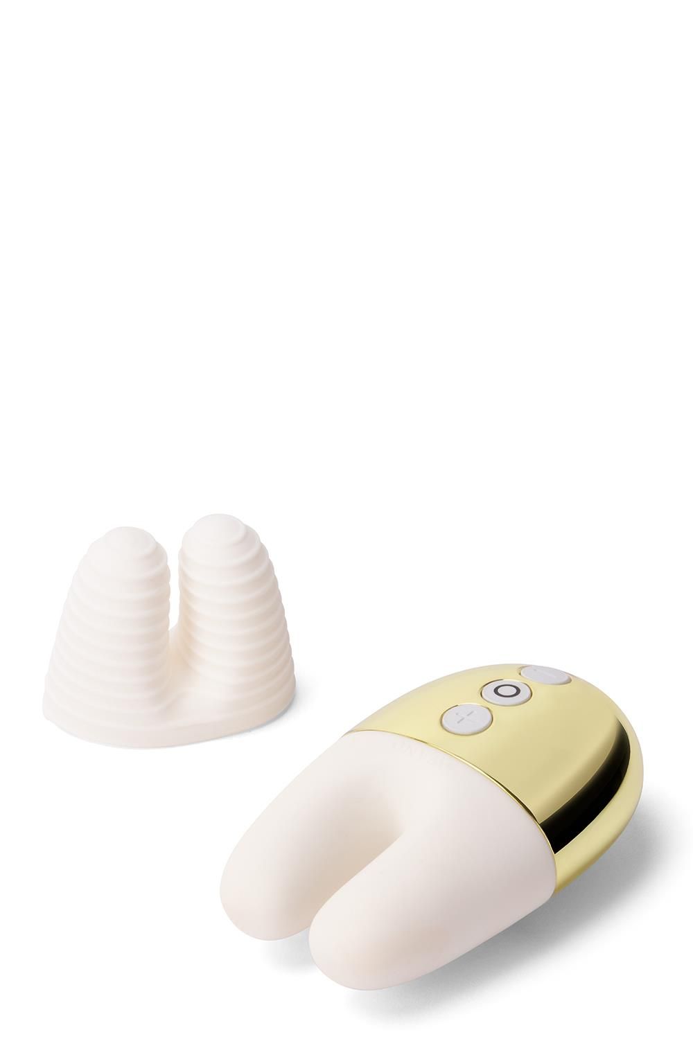 Weiß-goldener Vibrator mit U-förmigem Kopf und separater Halterung. Drei Knöpfe auf der Oberseite.