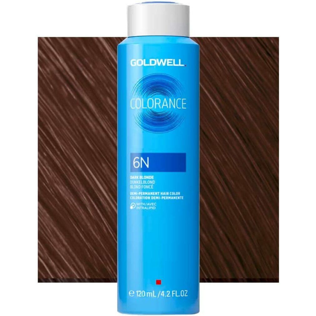 Goldwell COLORANCE Flasche. Hellblaue Flasche mit weißem Deckel. Aufschrift COLORANCE, 6N. Demi-permanente Haarfarbe. Hintergrund braun.