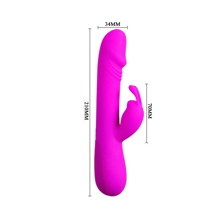 Pinkfarbener Vibrator mit Kaninchenohren-Design. Abmessungen: 210mm x 34mm x 70mm.