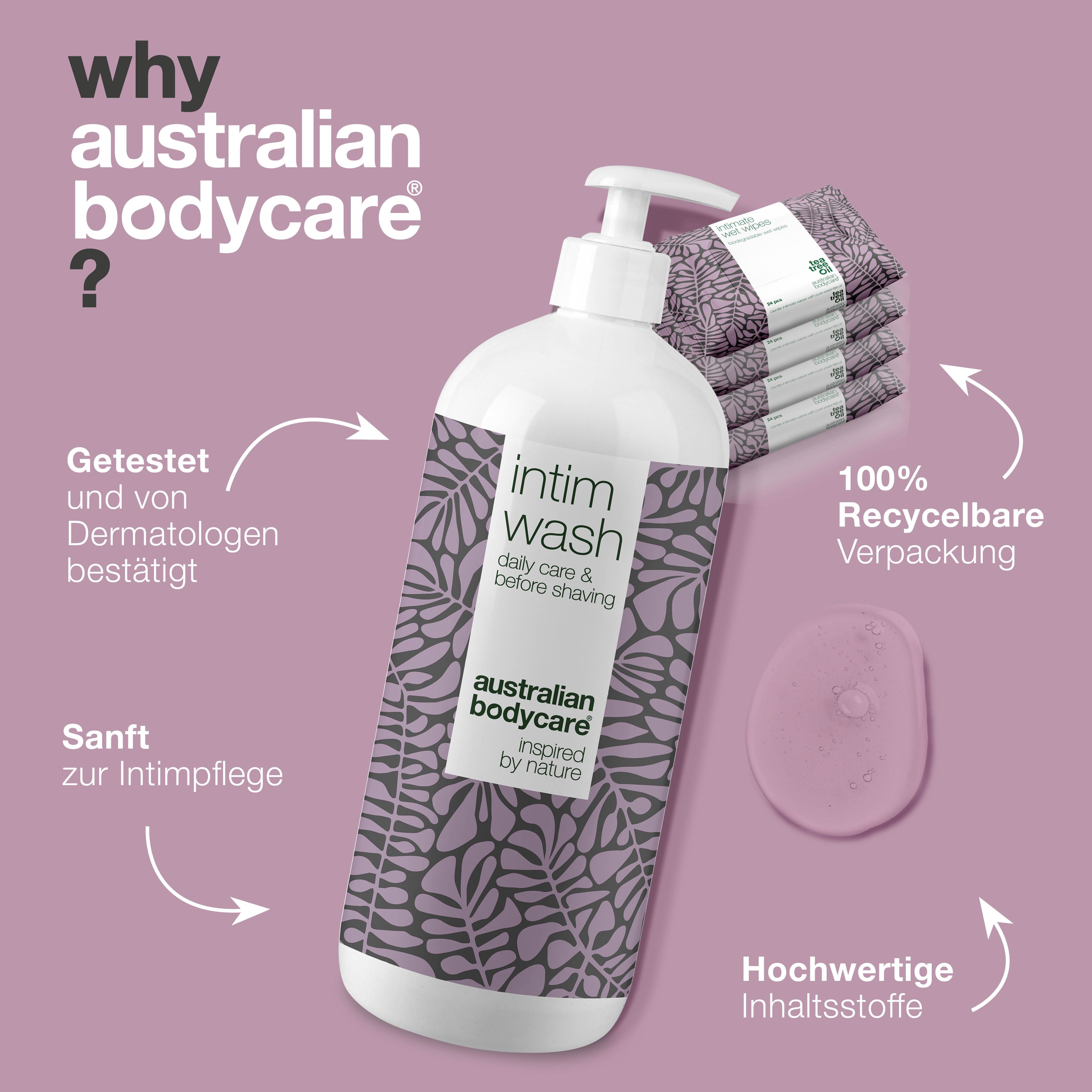 Warum Australian Bodycare? Intimwaschmittel, Feuchttücher. Lila Hintergrund. Australian Bodycare.