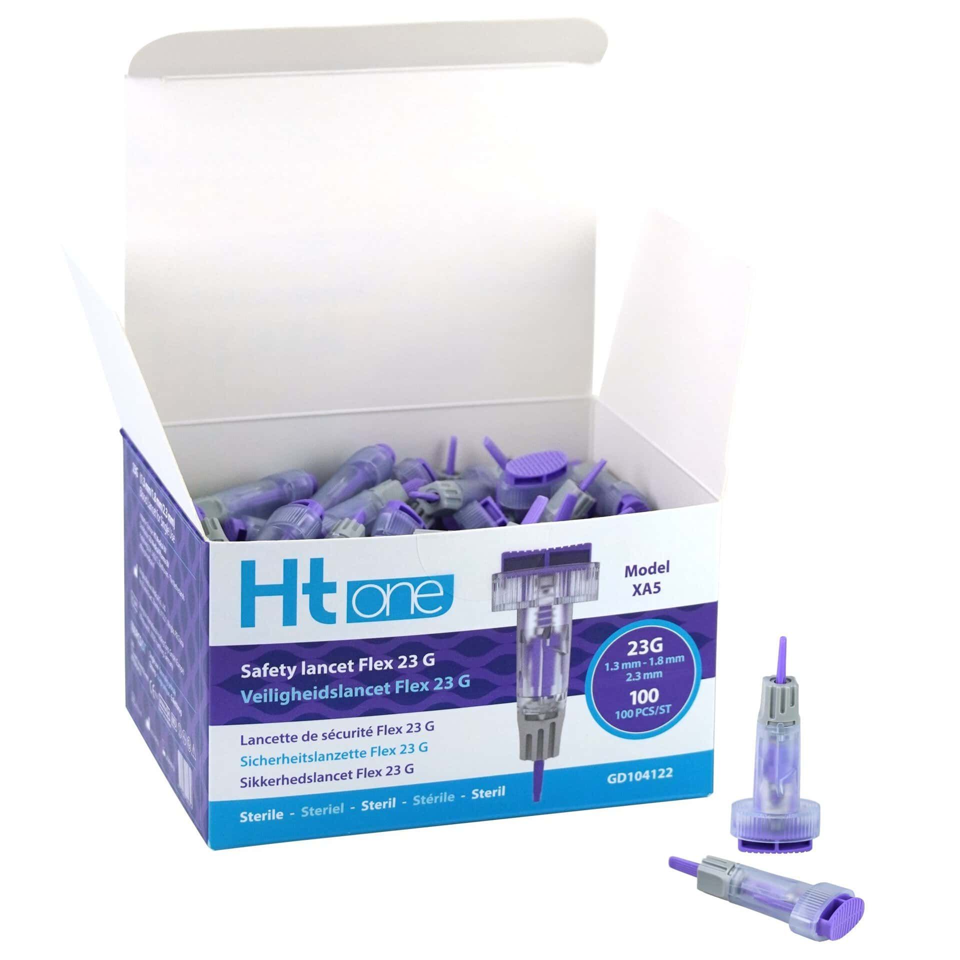 Geöffnete Verpackung des HT One Safety Lancet Flex 23G, gefüllt mit vielen einzelnen Lanzetten.