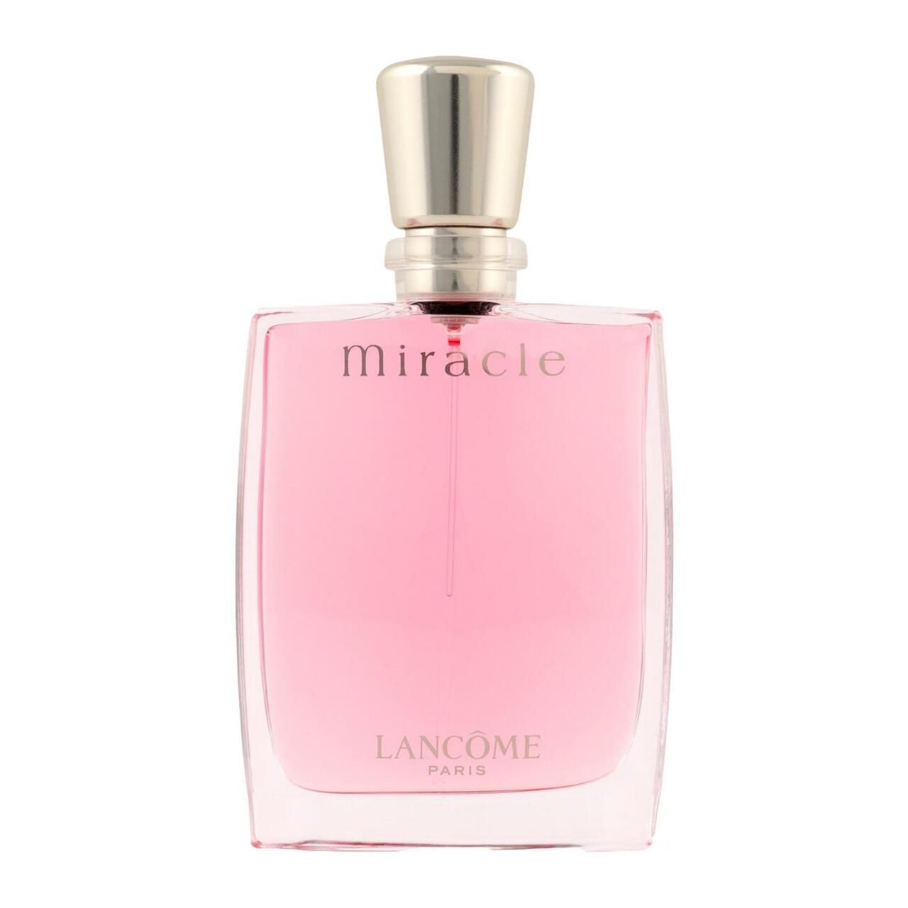 LANCÔME Miracle Flakon, rosa Flüssigkeit, silberner Verschluss. Schriftzug: Miracle, LANCÔME.