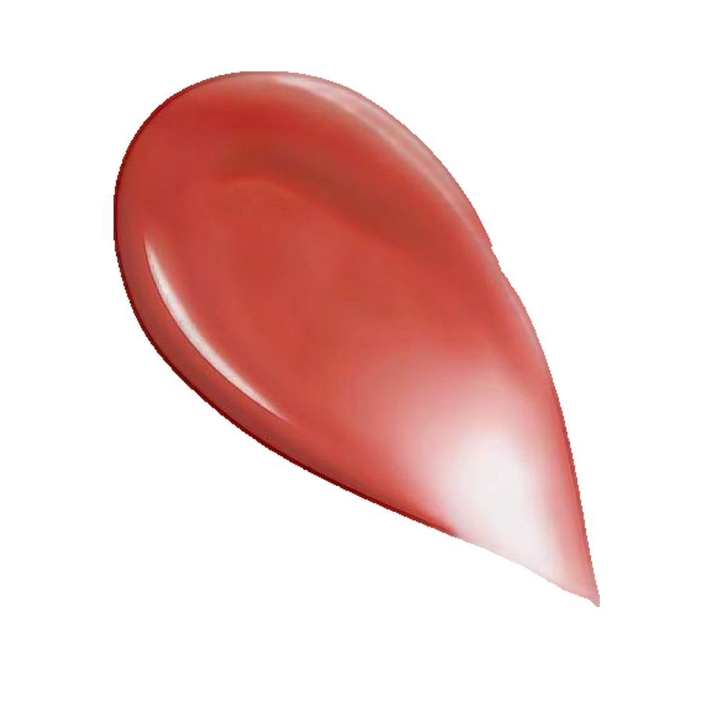 Farbprobe eines Lippenprodukts. Tropfenförmig, glänzend, in einem warmen Rosaton. Auf weißem Hintergrund.