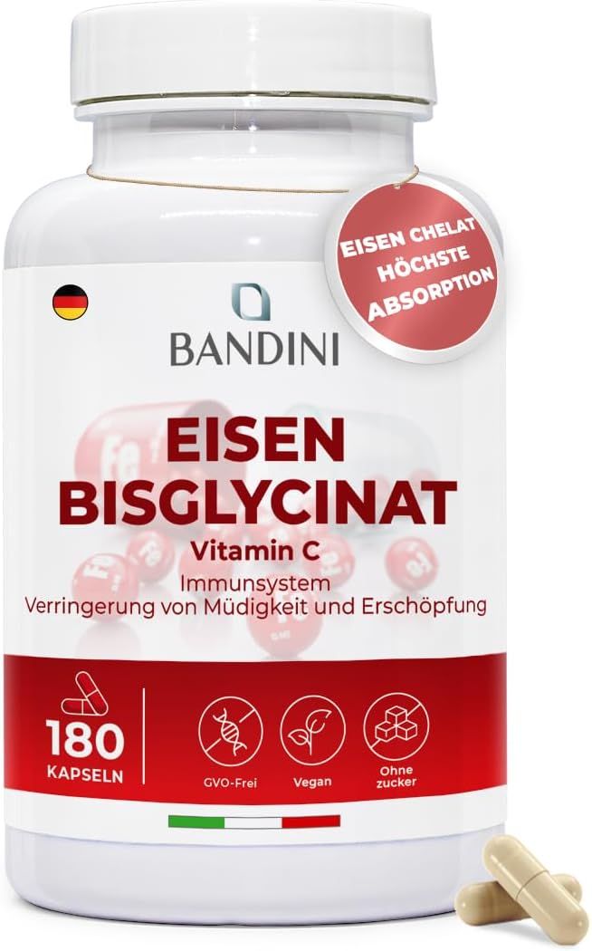 Bandini Eisen-Bisglycinat Kapsel. Weiße Flasche mit roter Beschriftung. Text: Eisen Chelat, höchste Absorption. 180 Kapseln. GVO-frei, vegan, ohne Zucker.