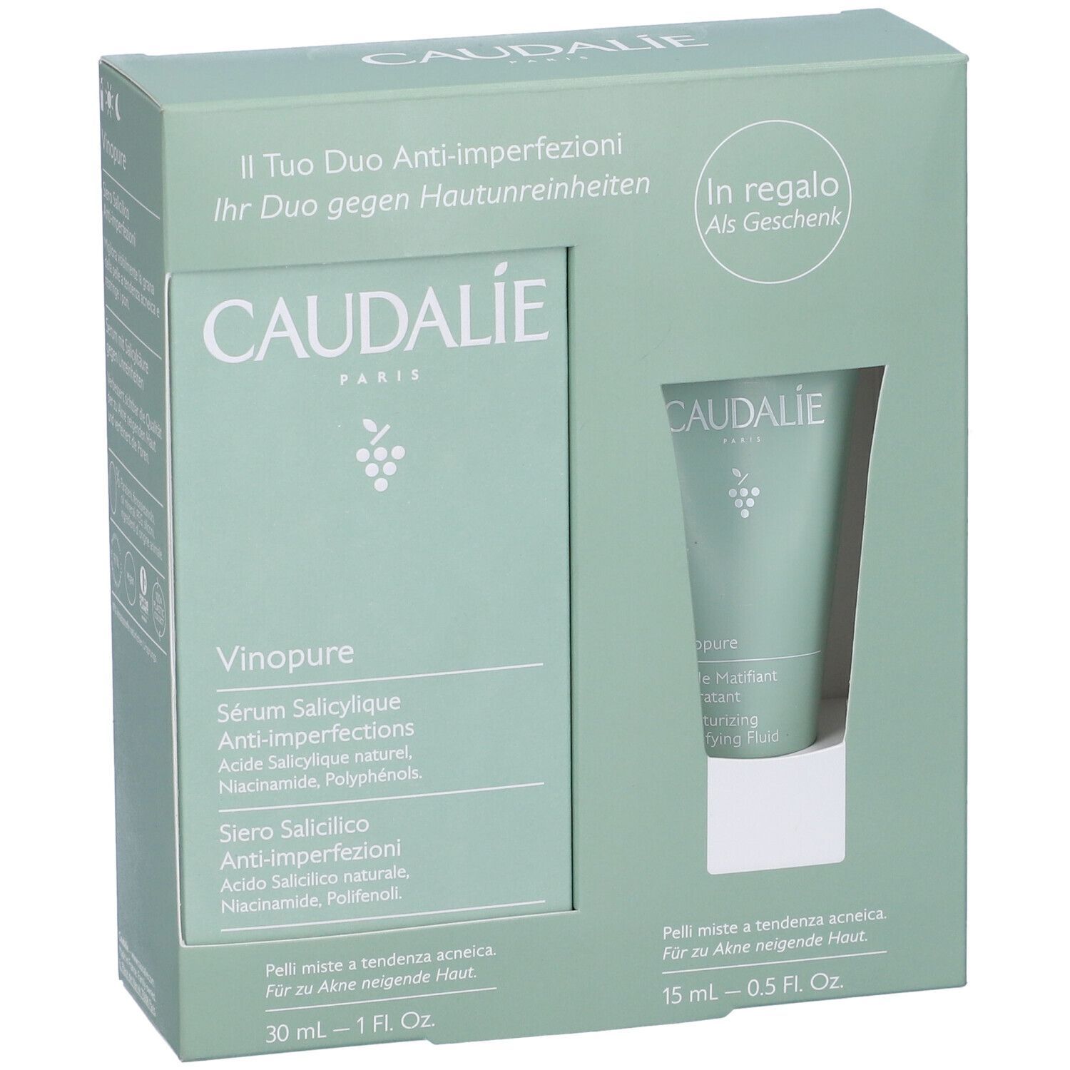 Cofanetto Caudalie Vinopure. Confezione verde e bianca. Contiene siero e fluido. Testo: Vinopure, Siero, 30 ml - 1 FL Oz, 15 ml - 0.5 FL Oz.