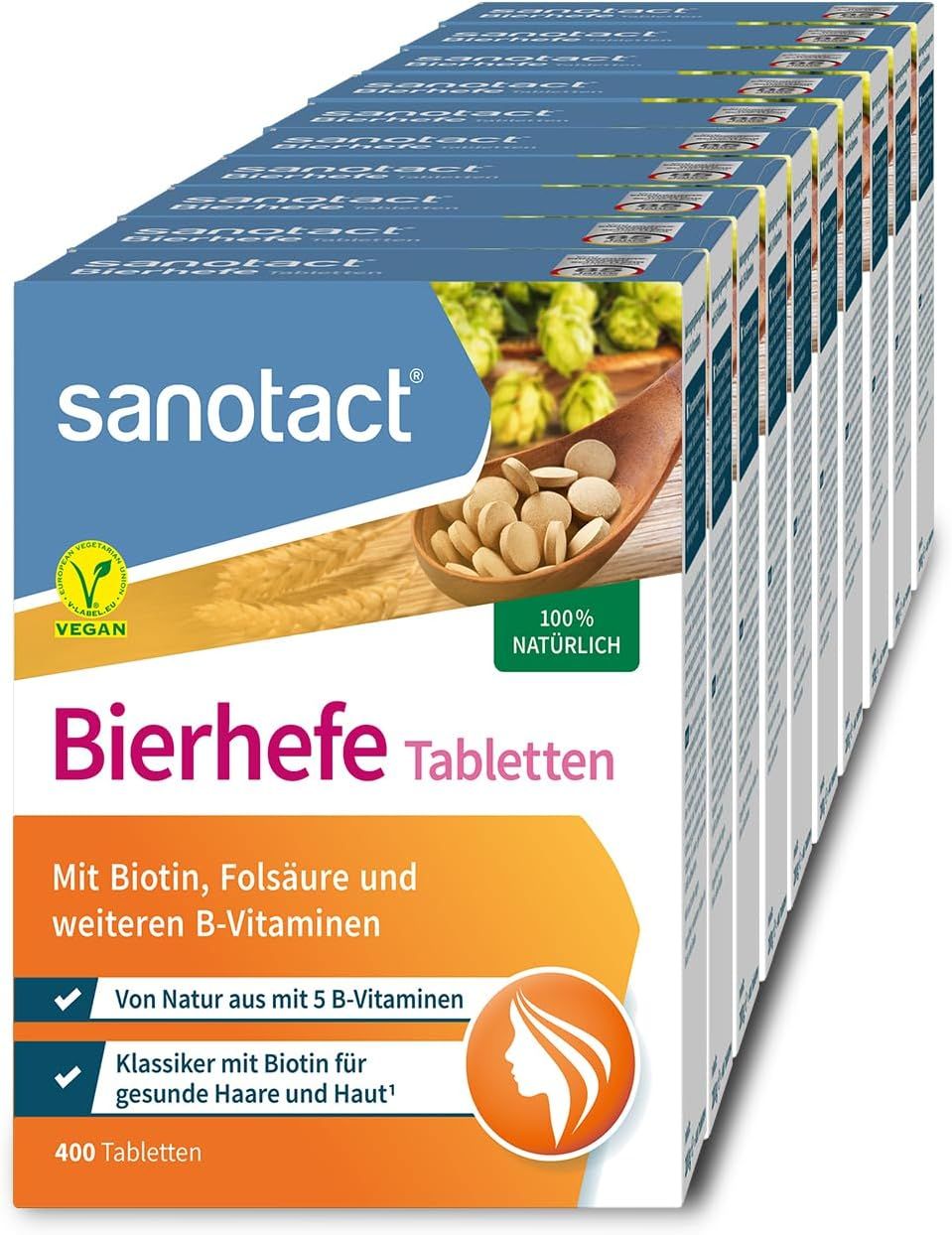 Mehrere Packungen sanotact Bierhefe Tabletten. Blaue und weiße Verpackung mit Produktnamen und Logo. Vegan-Siegel.