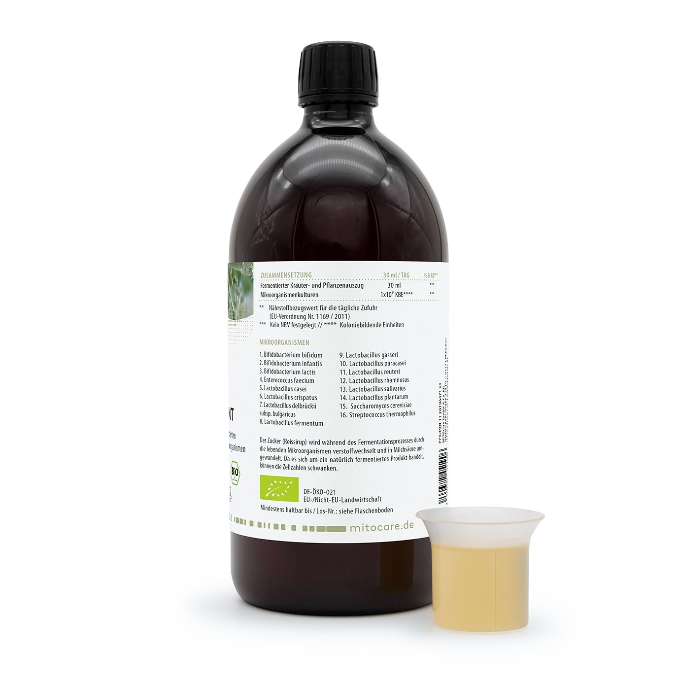 Braune Glasflasche mit schwarzem Deckel und Messbecher mit gelblicher Flüssigkeit. Etikett mit Inhaltsstoffen und Bio-Siegel.