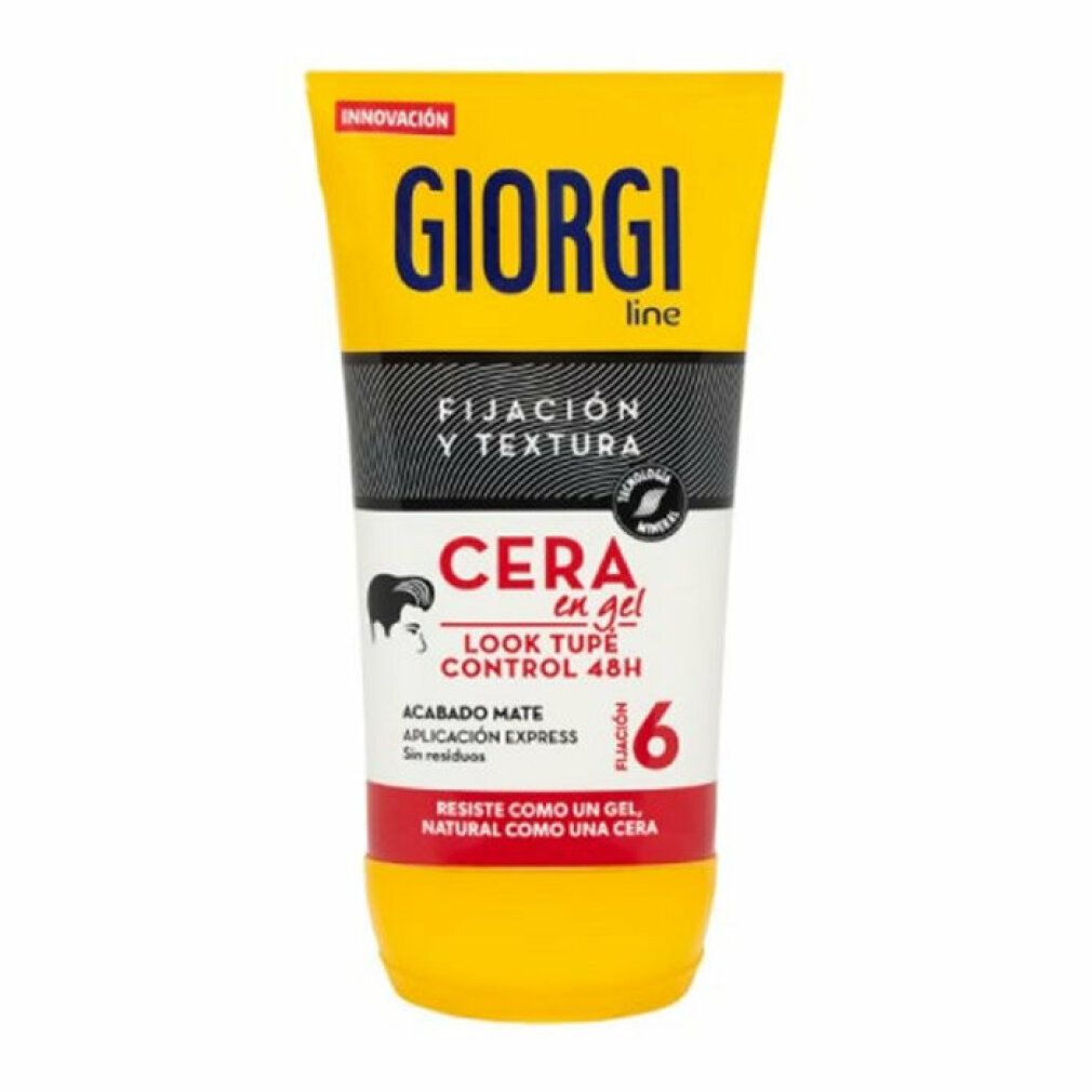 Gel-Haarwachs-Tube. Gelbe Tube mit schwarzem und weißem Etikett. Schriftzug: Giorgi Line, Cera en gel, Fixierung 6.