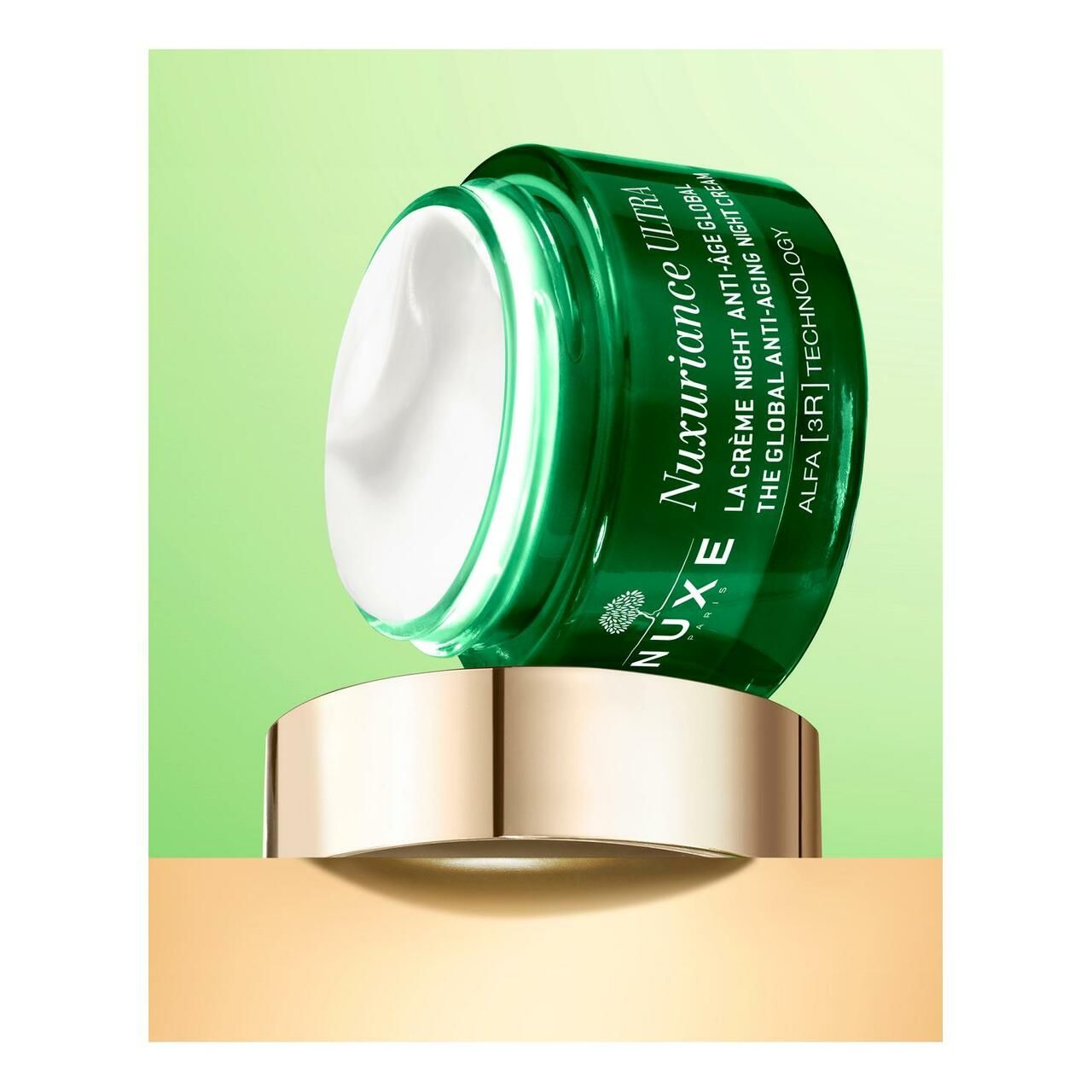 Grüne Creme-Dose mit goldfarbenem Deckel. Aufschrift: Nuxuriance Ultra.