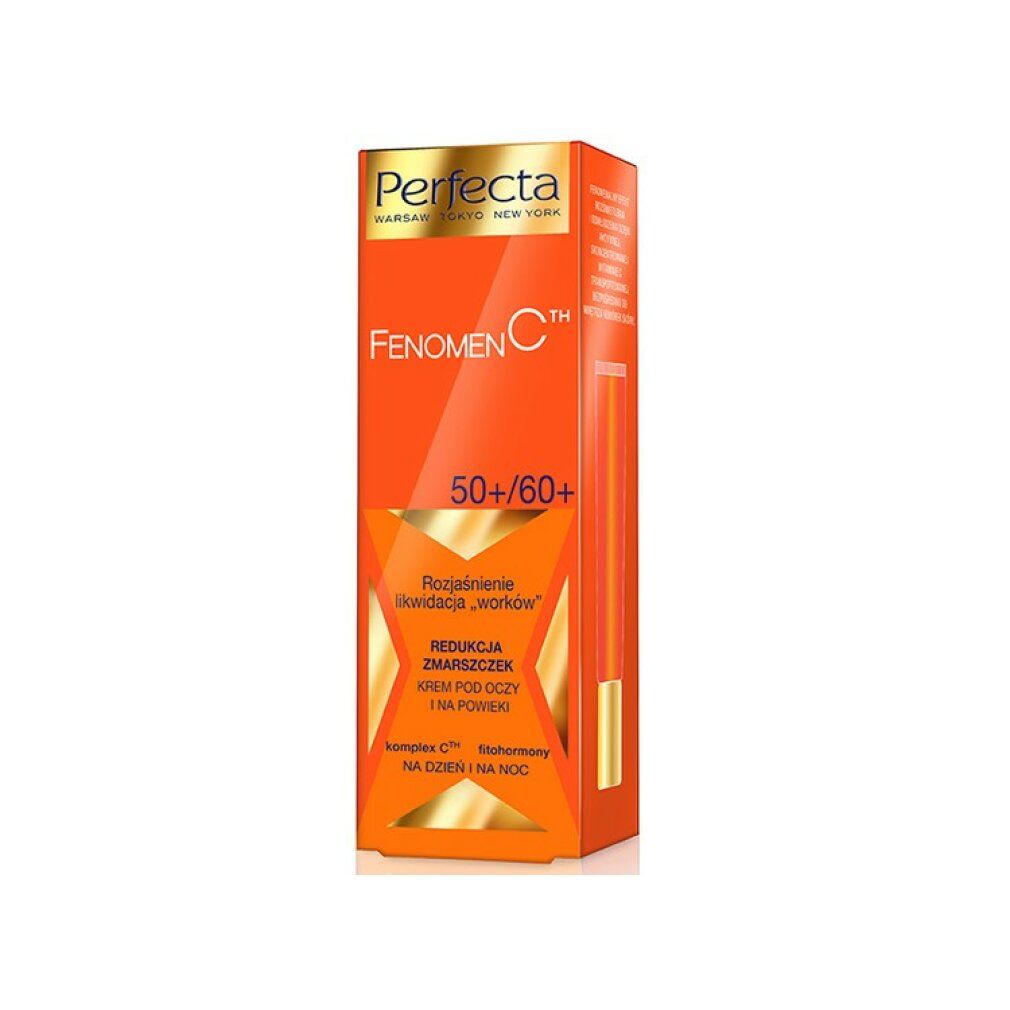 Orangefarbene Produktverpackung. Aufschrift Perfecta, Fenomen C, 50+/60+. Reduzierung von Falten, Augencreme.
