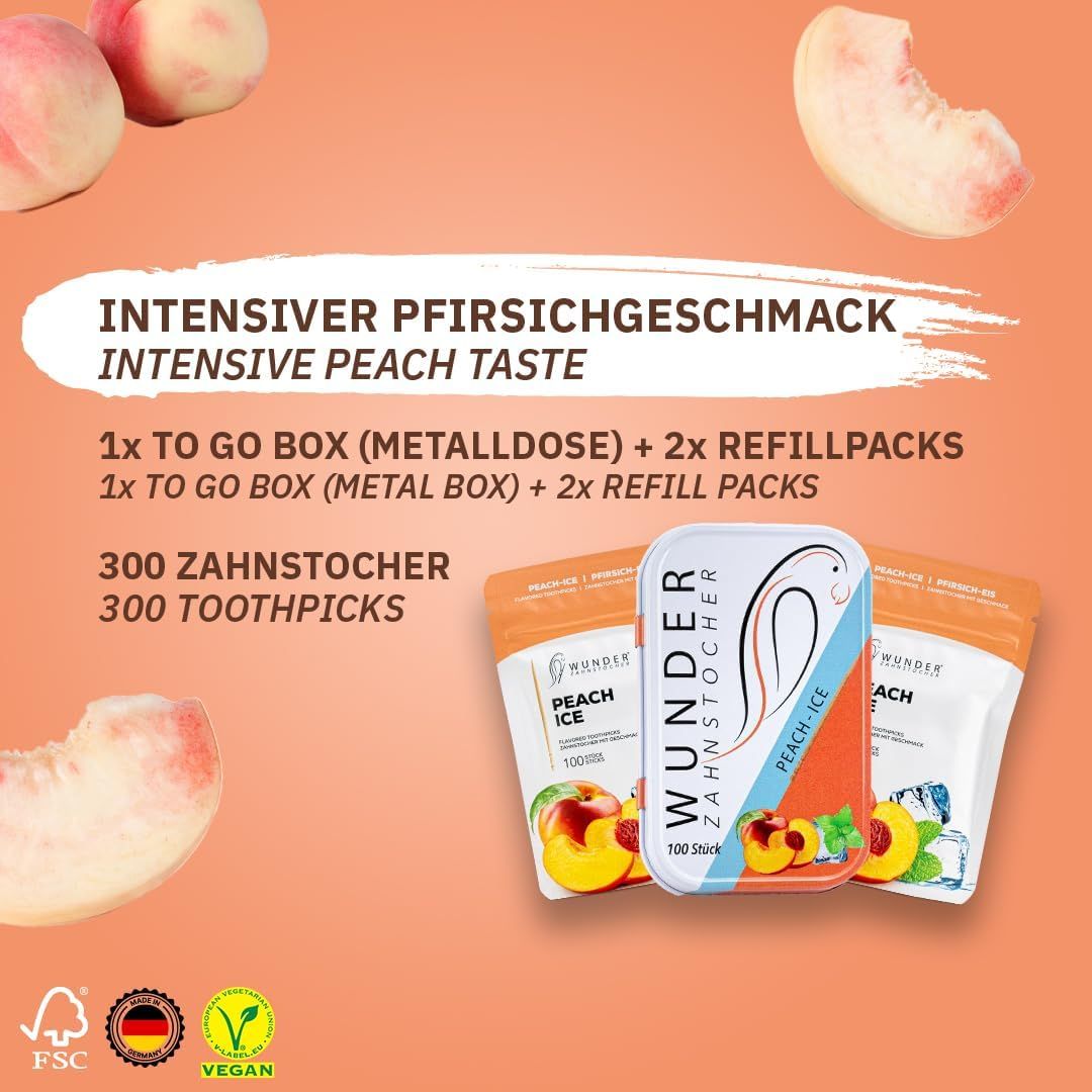 Drei Packungen Zahnstocher mit Pfirsich-Eis-Geschmack. Eine Metallbox und zwei Nachfüllpackungen. 300 Zahnstocher.
